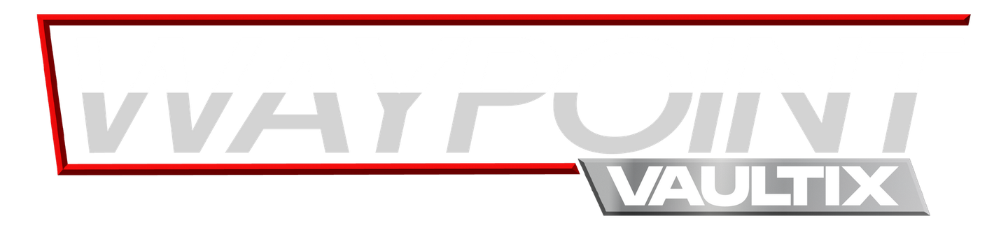 WAYPOINT Vaultix logo with red geometric mark and white text on silver background
