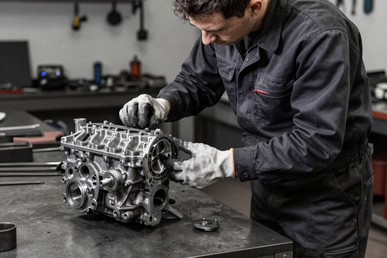 Técnico conferindo peça diesel