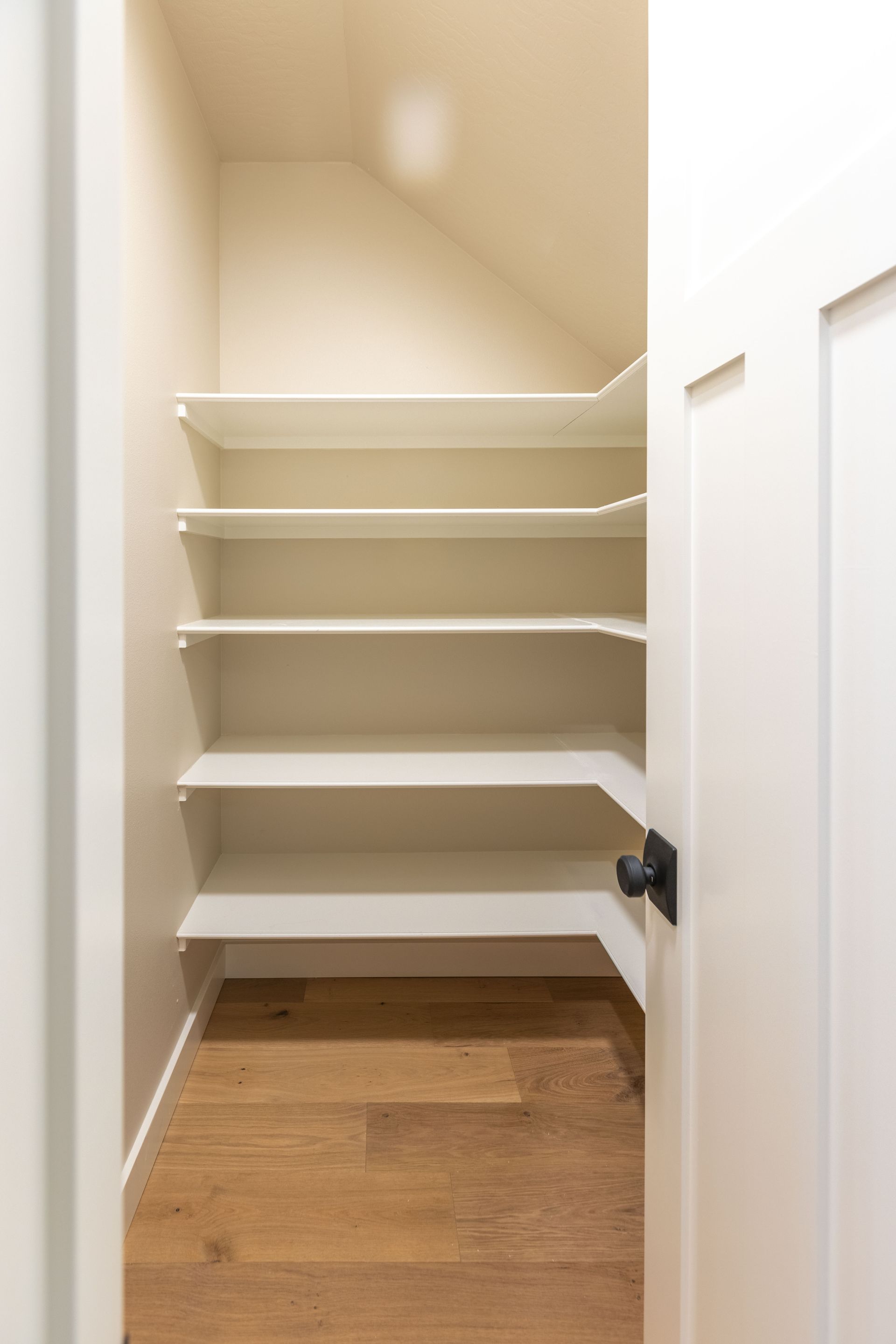 Empty white closet with built-in shelves and a wooden floor, viewed through a partially open door