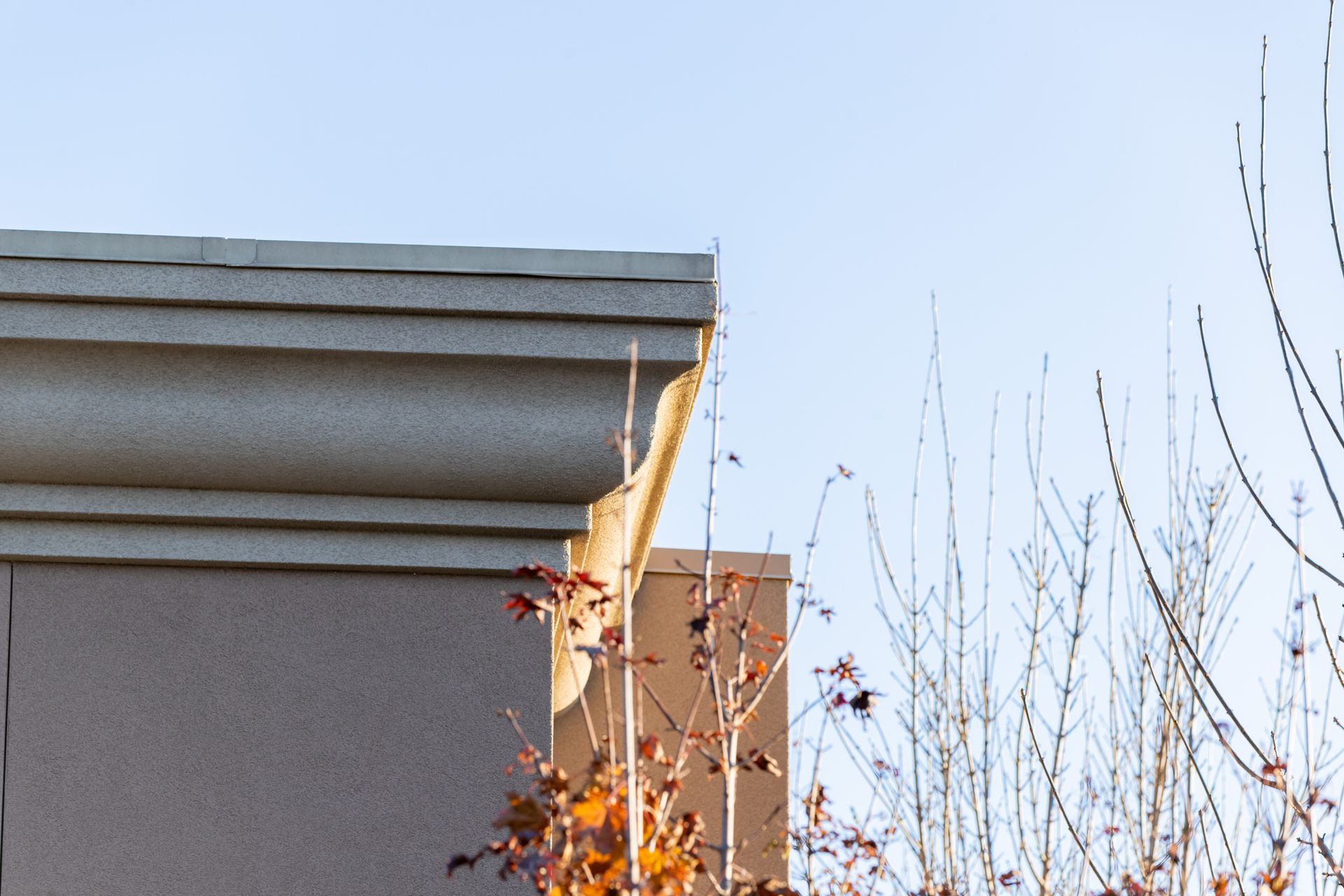 Bare house roofline with a small bird perched on the edge against a blue sky