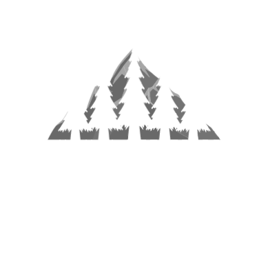 Gray abstract icon of six pine trees in a row, with two taller trees centered above them