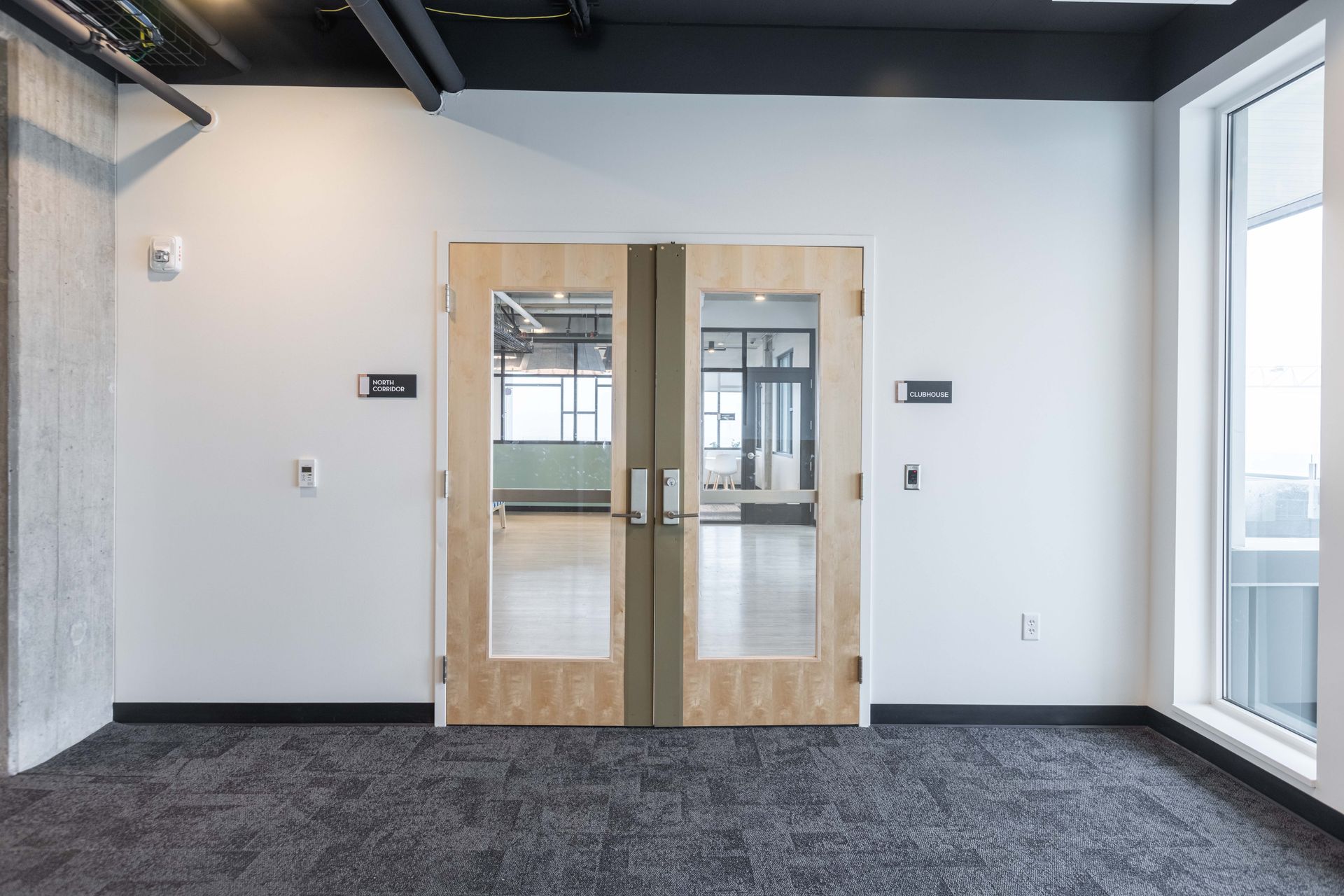 Empty office lobby with glass double doors, white walls, and dark carpet flooring.