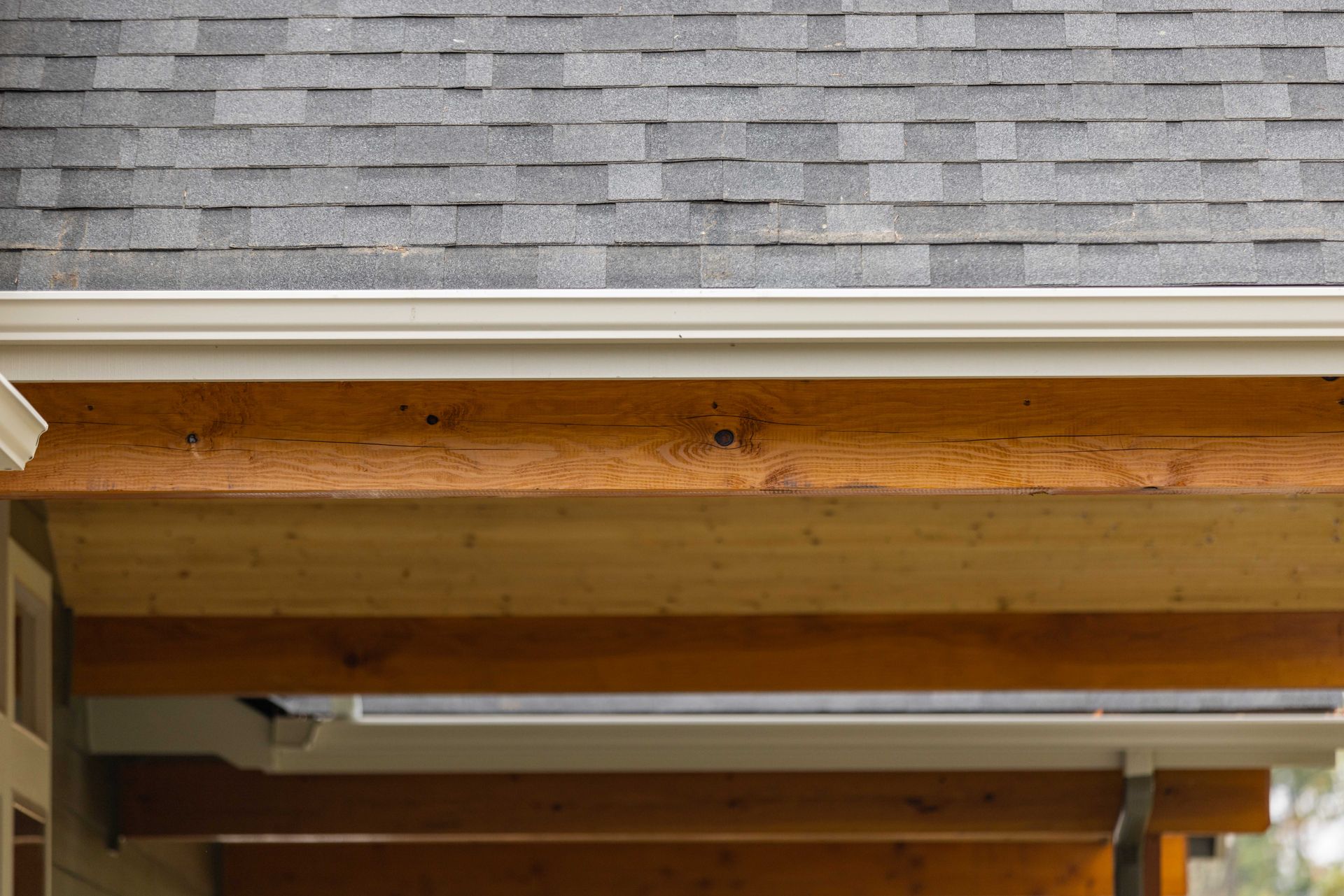 Close-up of a house roof edge with gray shingles, exposed wood framing, and a white gutter.