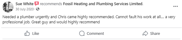 A facebook post from sue white recommends fossil heating and plumbing services limited
