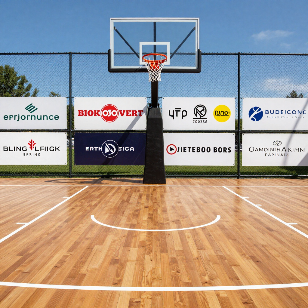 Empty outdoor basketball court with hoop and sponsor banners behind the backboard