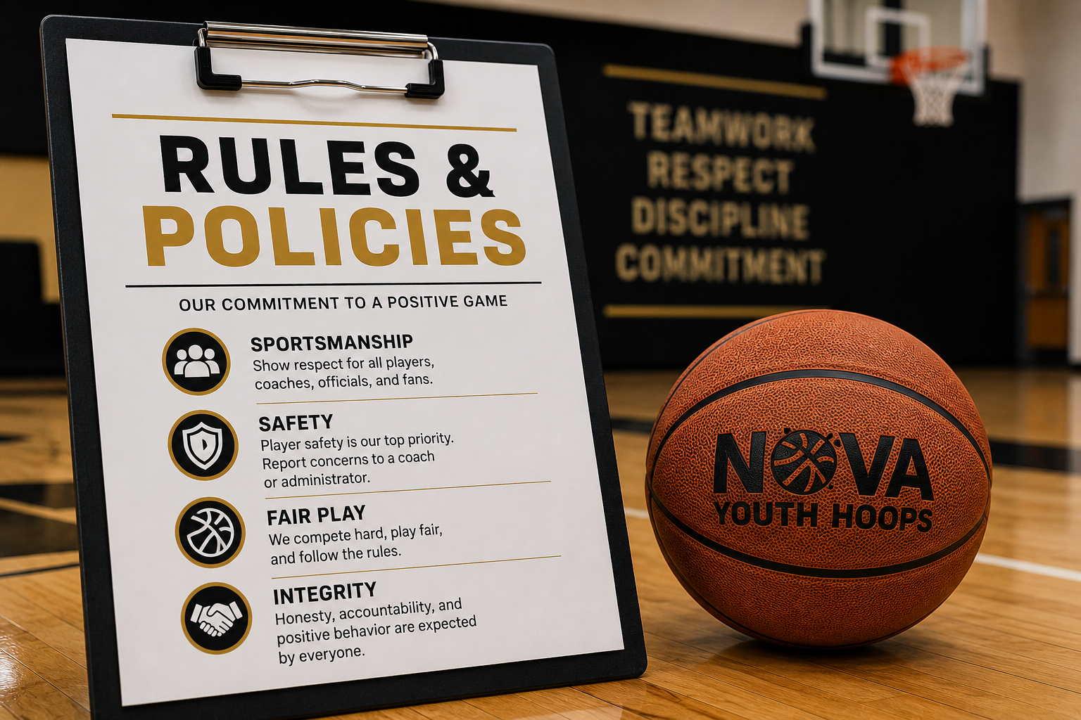 Basketball rules poster on clipboard beside a basketball on a gym floor, with teamwork words in the background