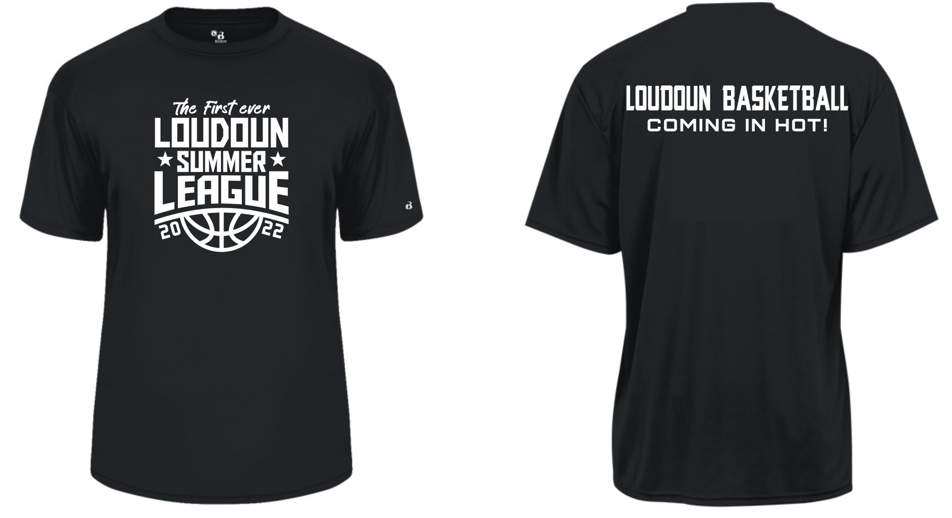 Black T-shirt shown front and back with white basketball league text and logo.