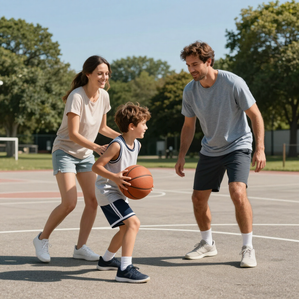 Three people playing basketball on an outdoor court, with a child dribbling between two adults.