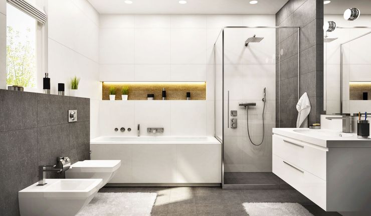 Modern white and gray bathroom with bathtub, walk-in shower, double vanity, and wall-mounted sink Modern white and gray bathroom with bathtub, walk-in shower, double vanity, and wall-mounted sink