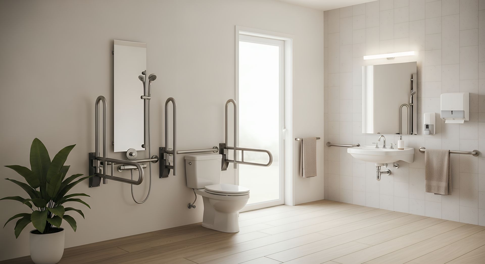 Accessible bathroom with grab bars, roll-in shower seat, toilet, and wall mirrors in a bright white room Accessible bathroom with grab bars, roll-in shower seat, toilet, and wall mirrors in a bright white room