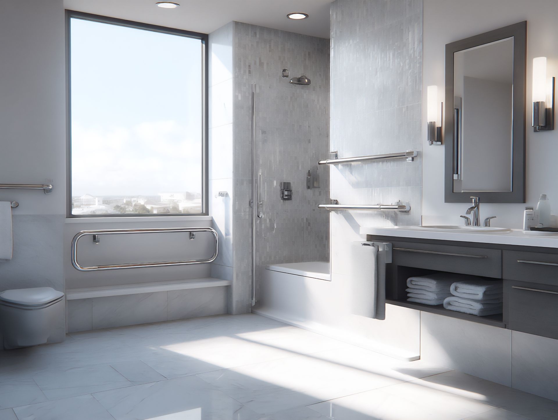 Modern bathroom with walk-in shower, bathtub, vanity, and large window with bright natural light Modern bathroom with walk-in shower, bathtub, vanity, and large window with bright natural light