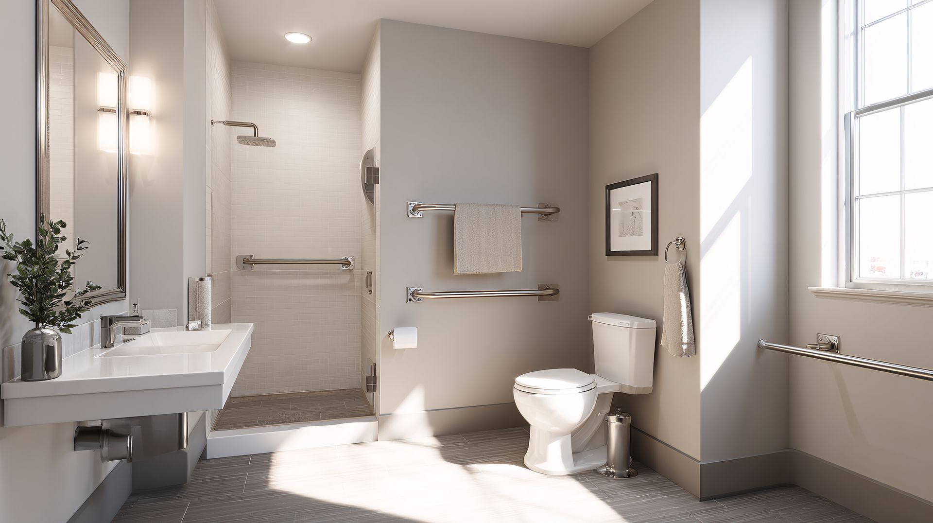 Bright accessible bathroom with walk-in shower, grab bars, sink, toilet, and sunlight from a window. Bright accessible bathroom with walk-in shower, grab bars, sink, toilet, and sunlight from a window.