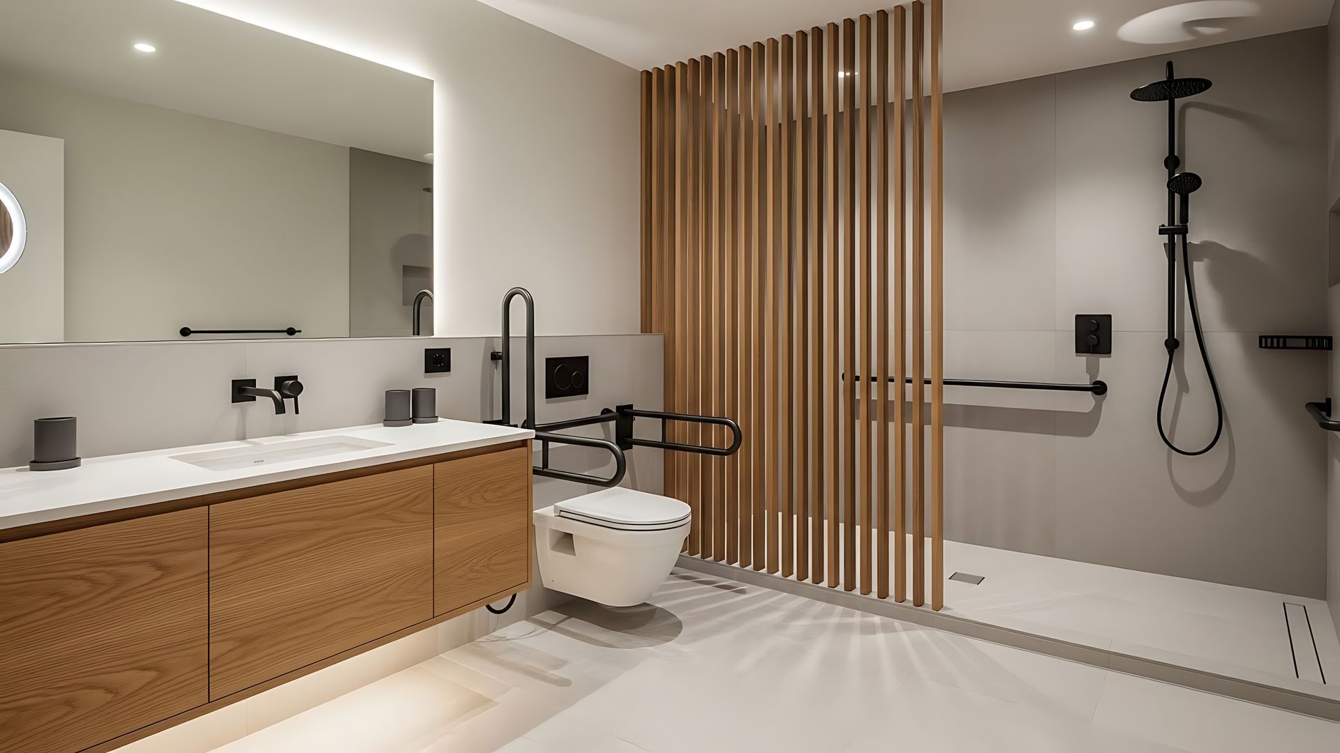 Modern accessible bathroom with wood vanity, large mirror, walk-in shower, and wheelchair shower chair Modern accessible bathroom with wood vanity, large mirror, walk-in shower, and wheelchair shower chair