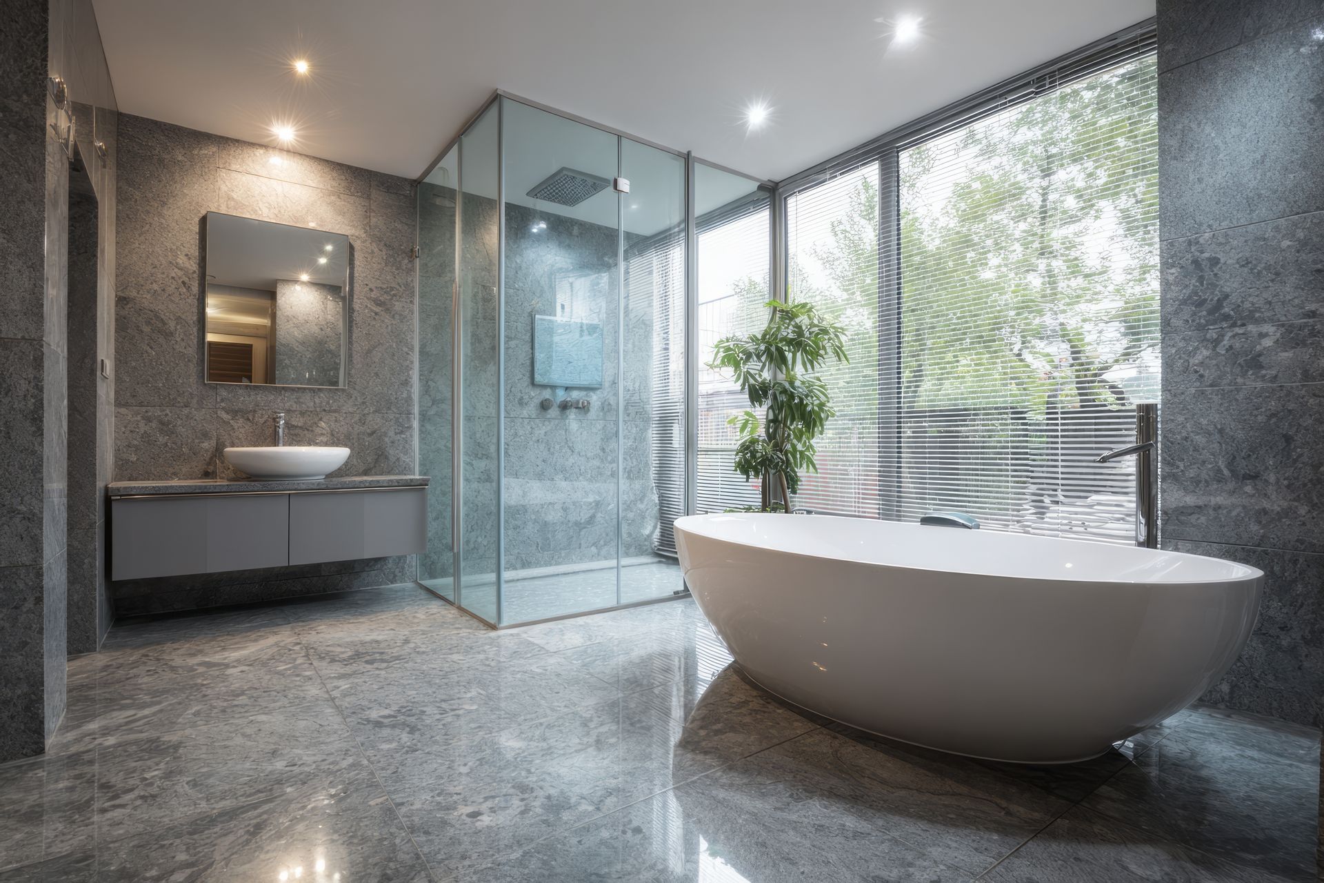 Modern spa bathroom with glass shower, floating sink, and freestanding white tub by large windows Modern spa bathroom with glass shower, floating sink, and freestanding white tub by large windows
