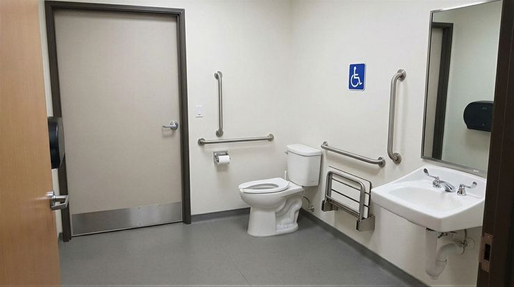 Accessible public restroom with toilet, sink, grab bars, and gray floor and walls Accessible public restroom with toilet, sink, grab bars, and gray floor and walls