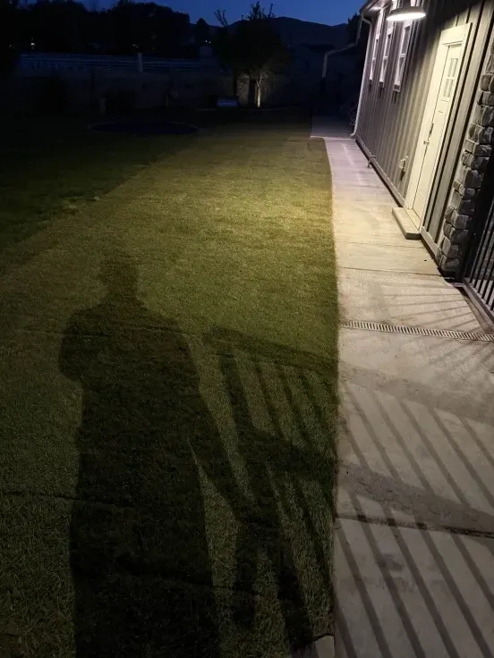 Shadow of person on grass, next to a building illuminated by lights at night.