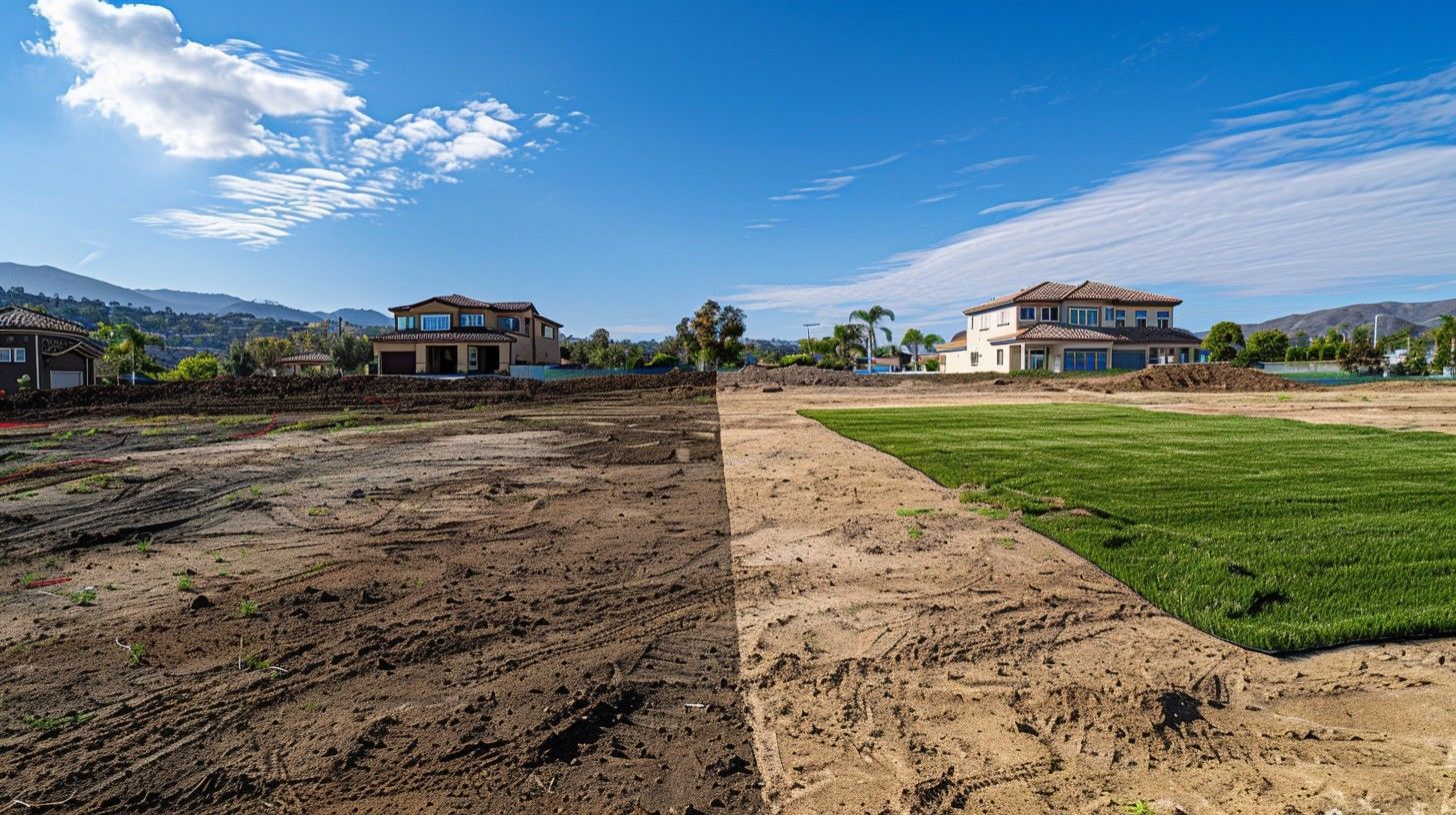 Side-by-side comparison of a dirt lot and a sodded lawn, with houses in the background under a blue sky. Side-by-side comparison of a dirt lot and a sodded lawn, with houses in the background under a blue sky.