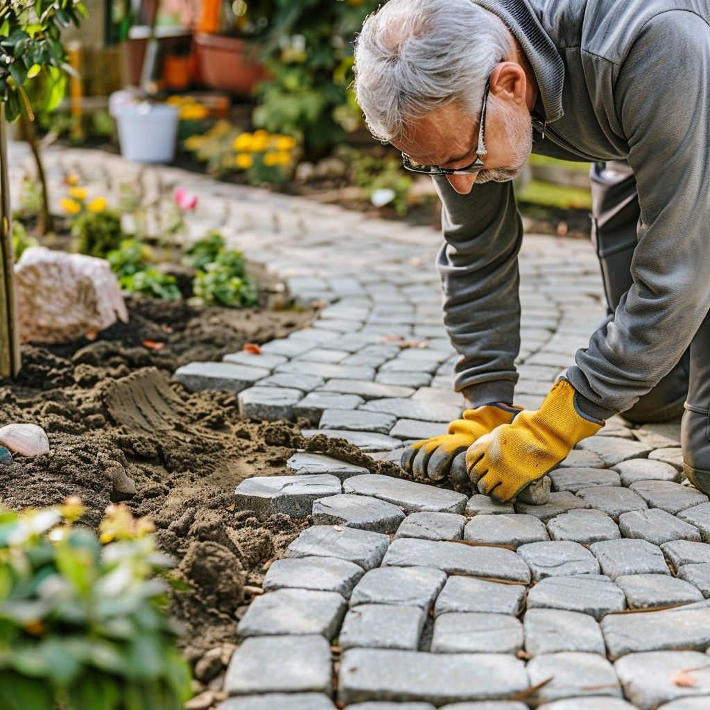 Man kneeling, laying paving stones on a garden path, wearing glasses and yellow gloves.