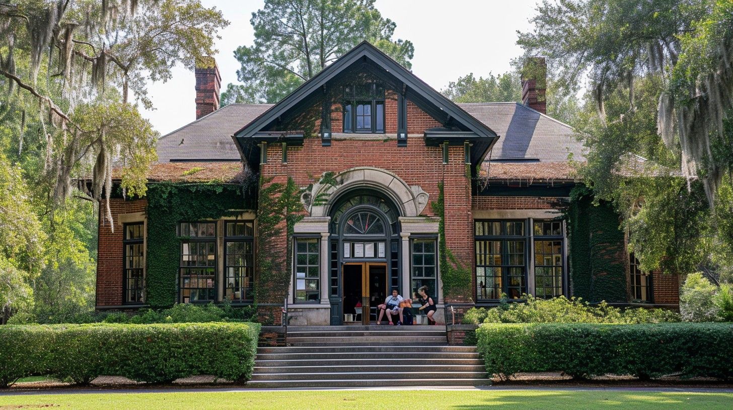 Brick building with ivy, dark roof, arched doorway. People seated on porch. Green lawn, shrubs. Brick building with ivy, dark roof, arched doorway. People seated on porch. Green lawn, shrubs.
