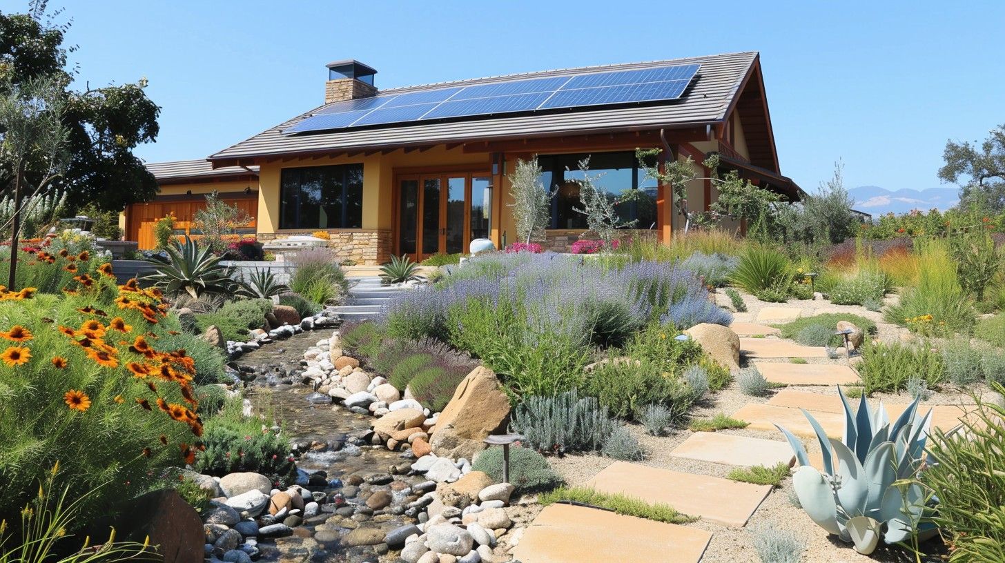 House with solar panels on roof, stone pathway, stream, and garden with flowers.
