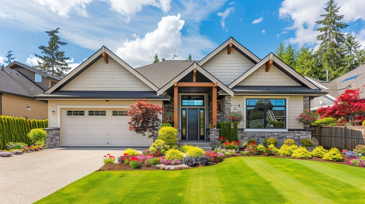 Charming, light-colored house with a well-manicured lawn and colorful flower beds under a blue sky. Charming, light-colored house with a well-manicured lawn and colorful flower beds under a blue sky.