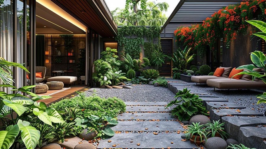Luxurious outdoor patio with lush greenery, stone path, and lounge chairs. Luxurious outdoor patio with lush greenery, stone path, and lounge chairs.