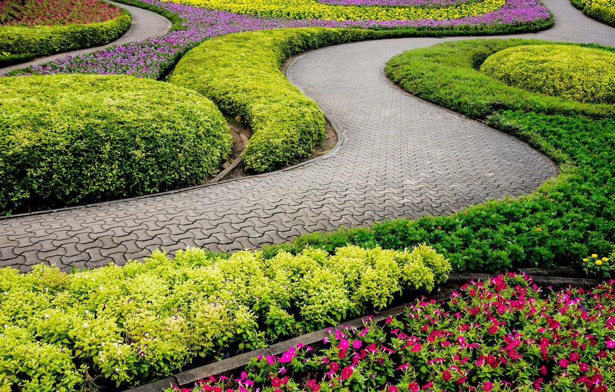 Winding stone path through a colorful garden beds of various shaped green, yellow, purple, and red plants. Winding stone path through a colorful garden beds of various shaped green, yellow, purple, and red plants.