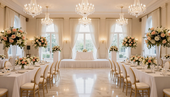 Elegant wedding reception hall with chandeliers, floral arrangements, and set tables in soft cream tones