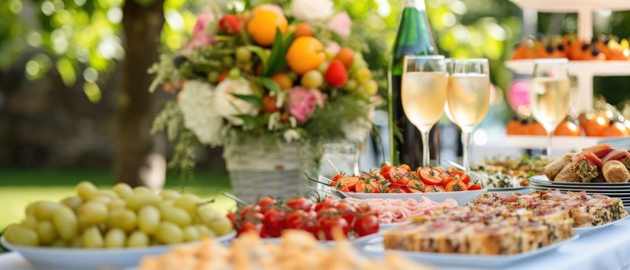Outdoor buffet with wine glasses, salads, fruit, and floral centerpieces on a table