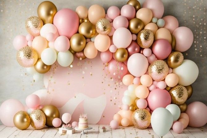 Pastel pink and gold balloon arch with a bunny silhouette and cake on a soft birthday backdrop
