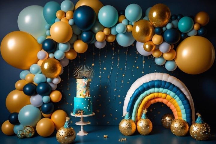Blue and gold balloon arch with rainbow centerpiece and cake on a navy party backdrop