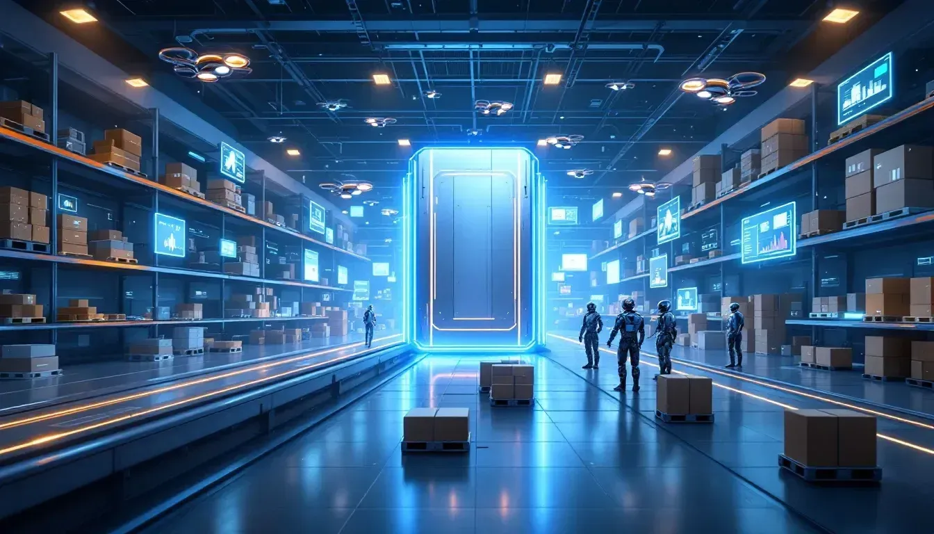 A group of people are standing in a futuristic warehouse with boxes and shelves.