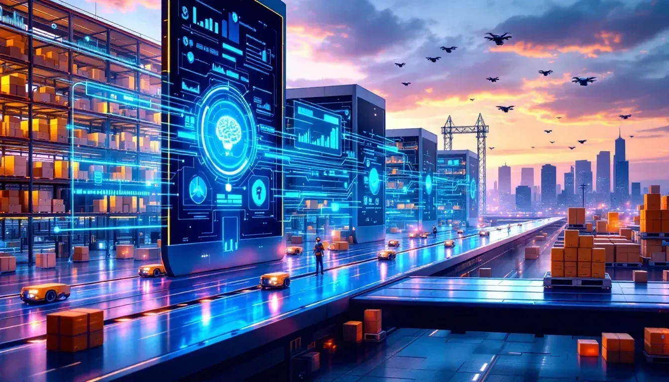 A futuristic city with a lot of buildings and boxes on the ground.