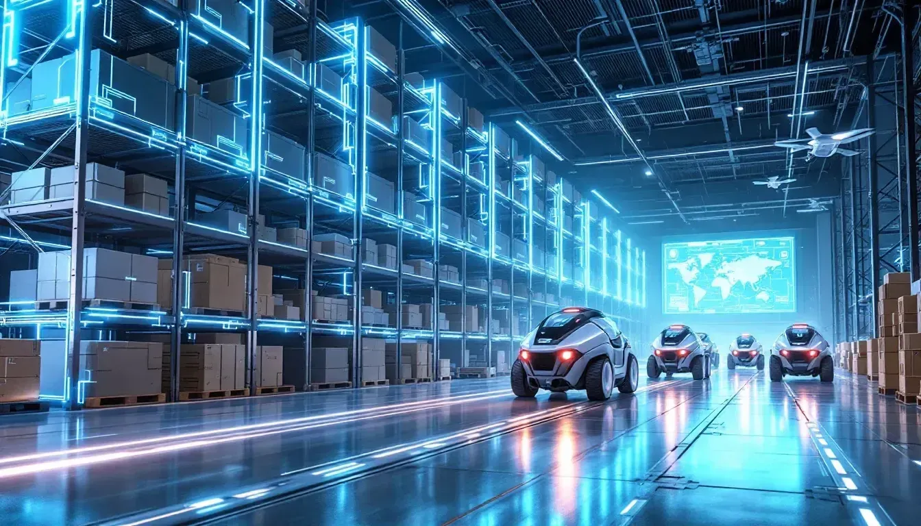 A group of robots are driving through a warehouse.