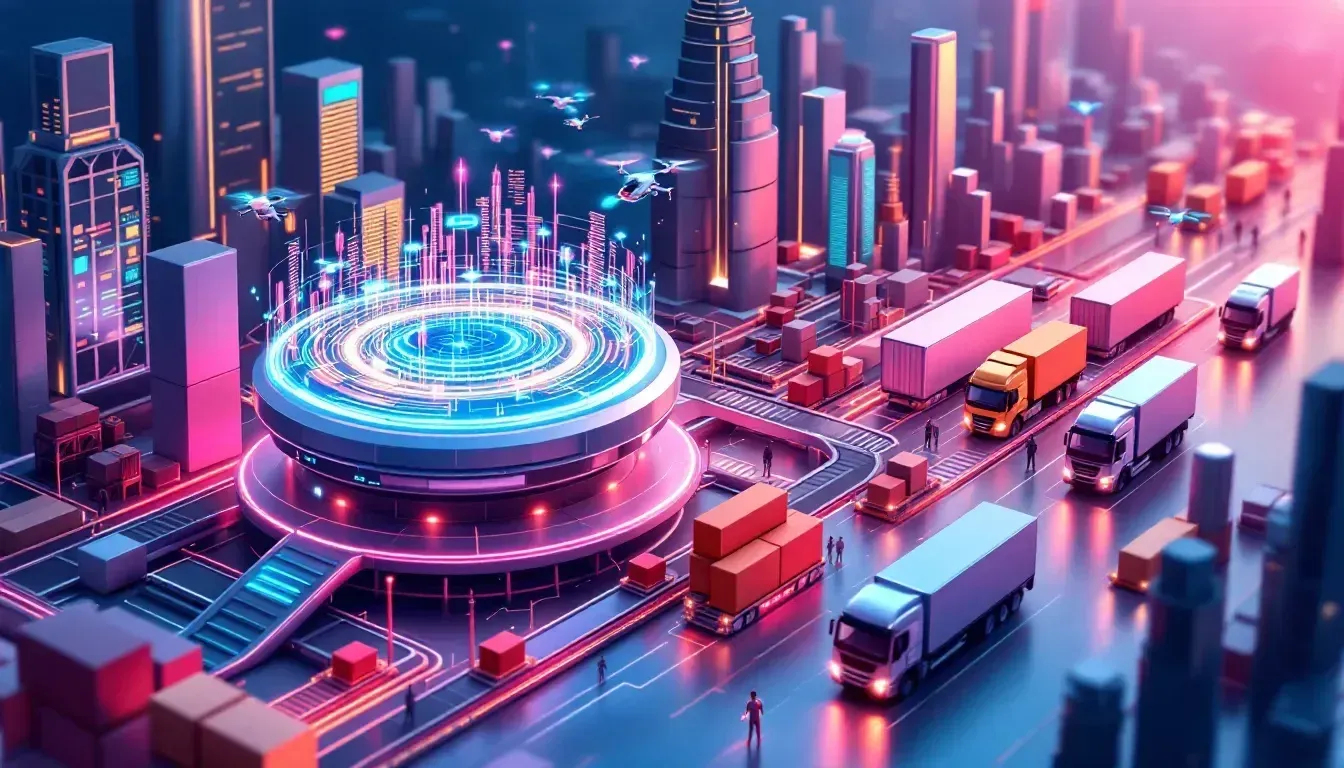 A 3D rendering of a futuristic city with trucks driving down a street.