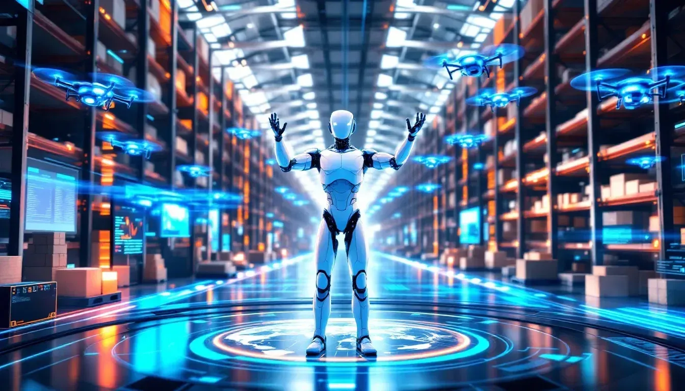 A robot is standing in a warehouse with its arms outstretched.