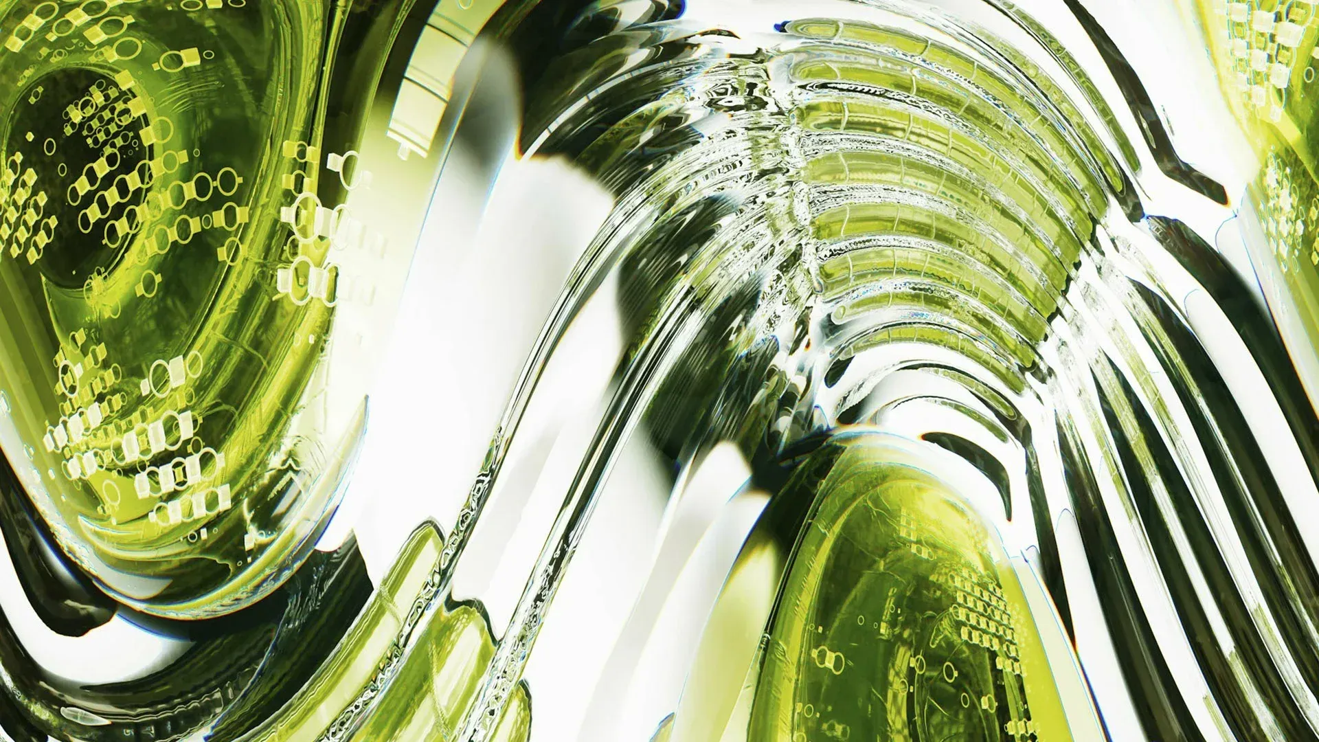 A close-up of a green glass sculpture on a white background.