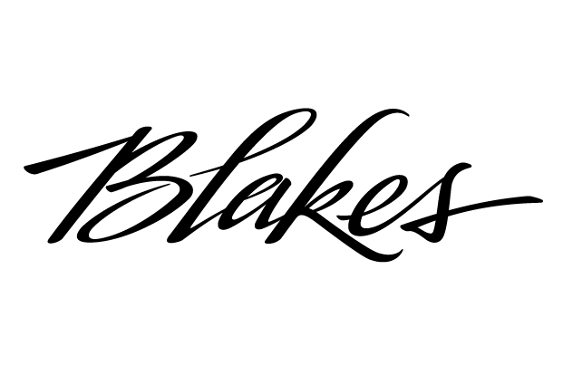 Blakes, a logo in stylized, black cursive font.