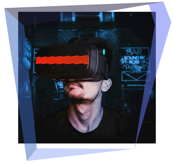 Person wearing VR headset in a dimly lit bar, neon signs in background.