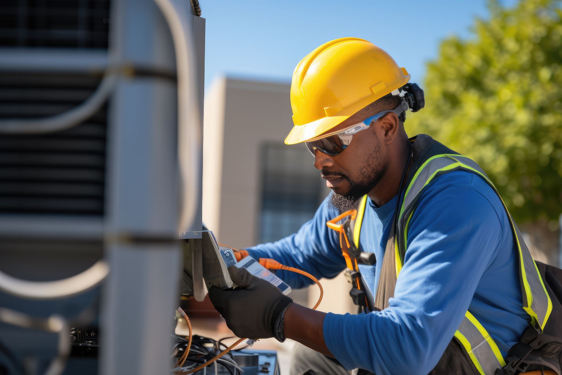 A man wearing a hard hat and safety vest is working on a machine.