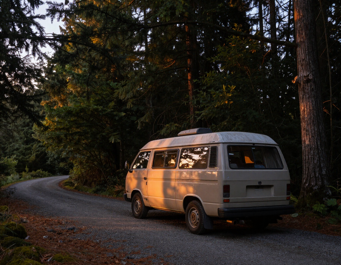 Campervan parked in wooded driveway at dusk