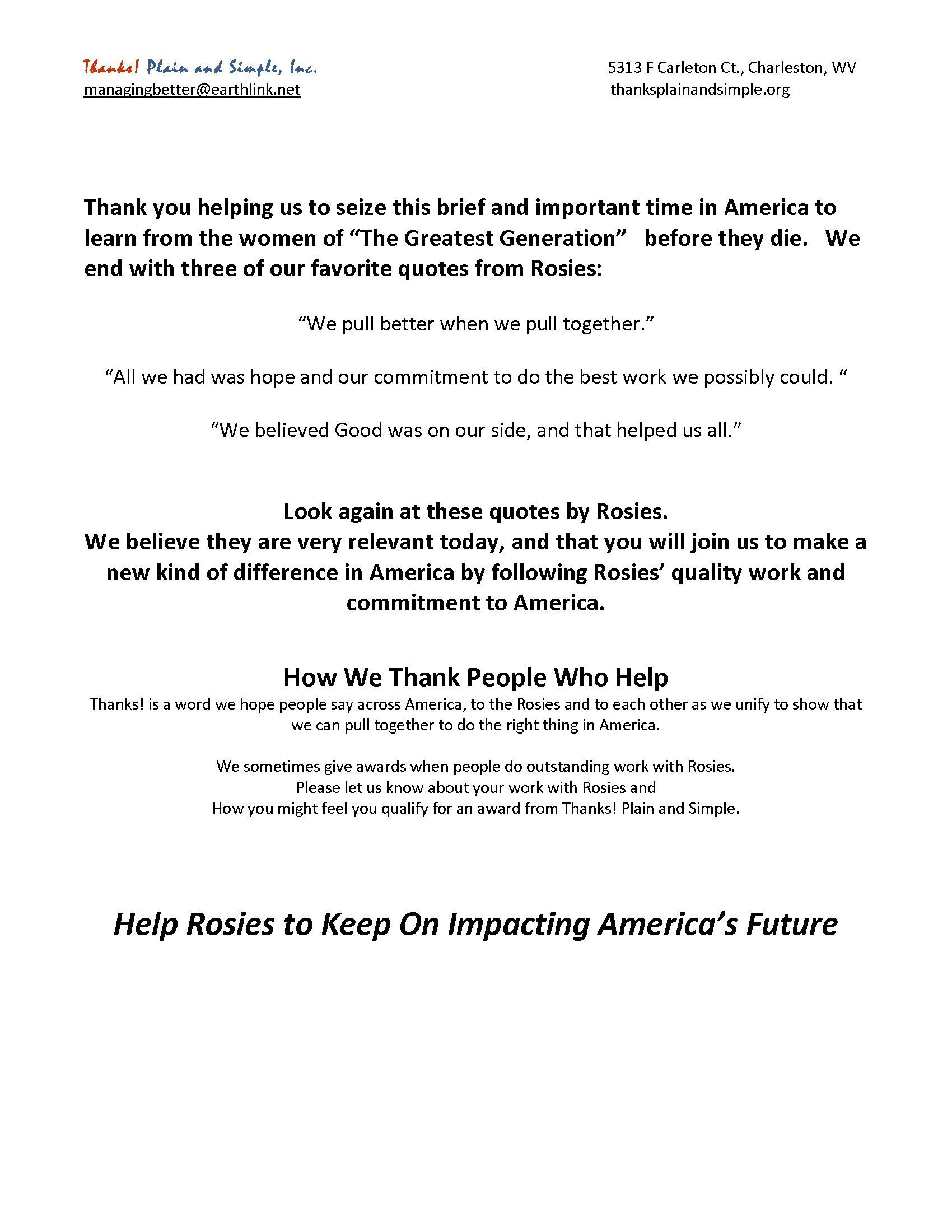 A thank you letter to rosies to keep on impacting america 's future.