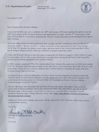 A letter from the u.s. department of labor