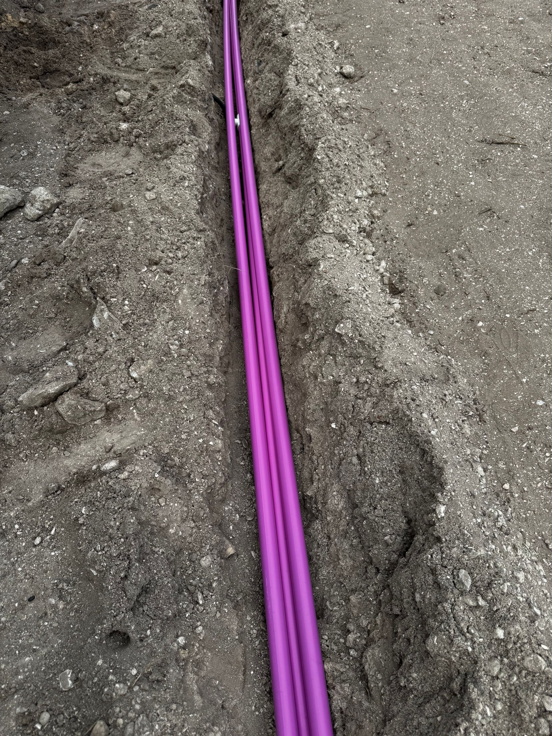 A purple pipe is laying in the dirt.