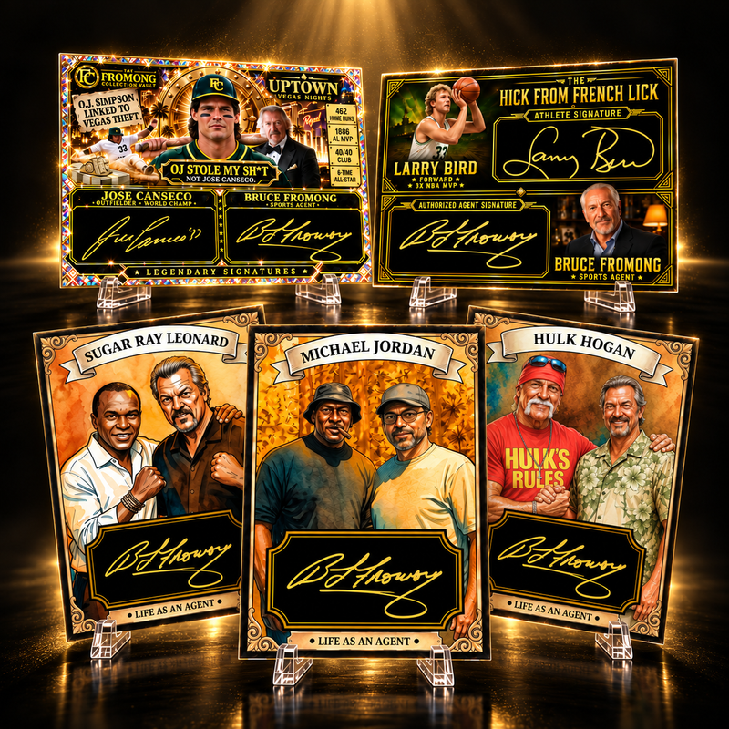 The Fromong Collection card designs featuring Michael Jordan, Sugar Ray Leonard, Hulk Hogan, Jose Canseco and Larry Bird with Bruce Fromong