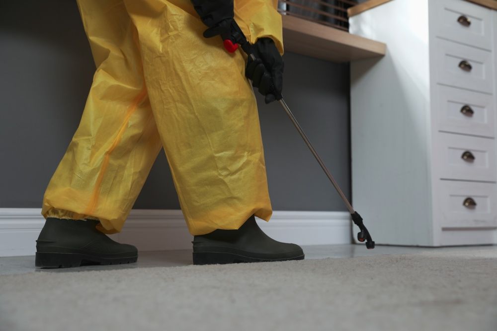 A Person in a Yellow Suit is Spraying a Room With a Sprayer