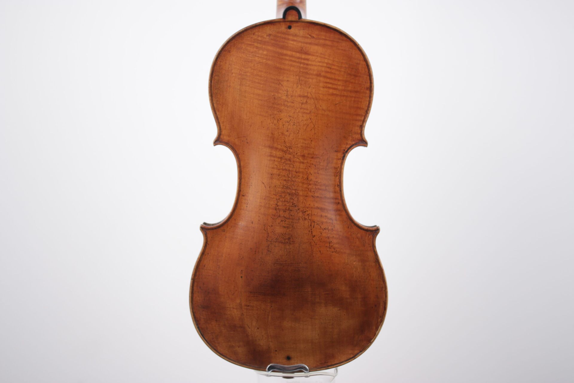 The back of a violin is shown on a white background