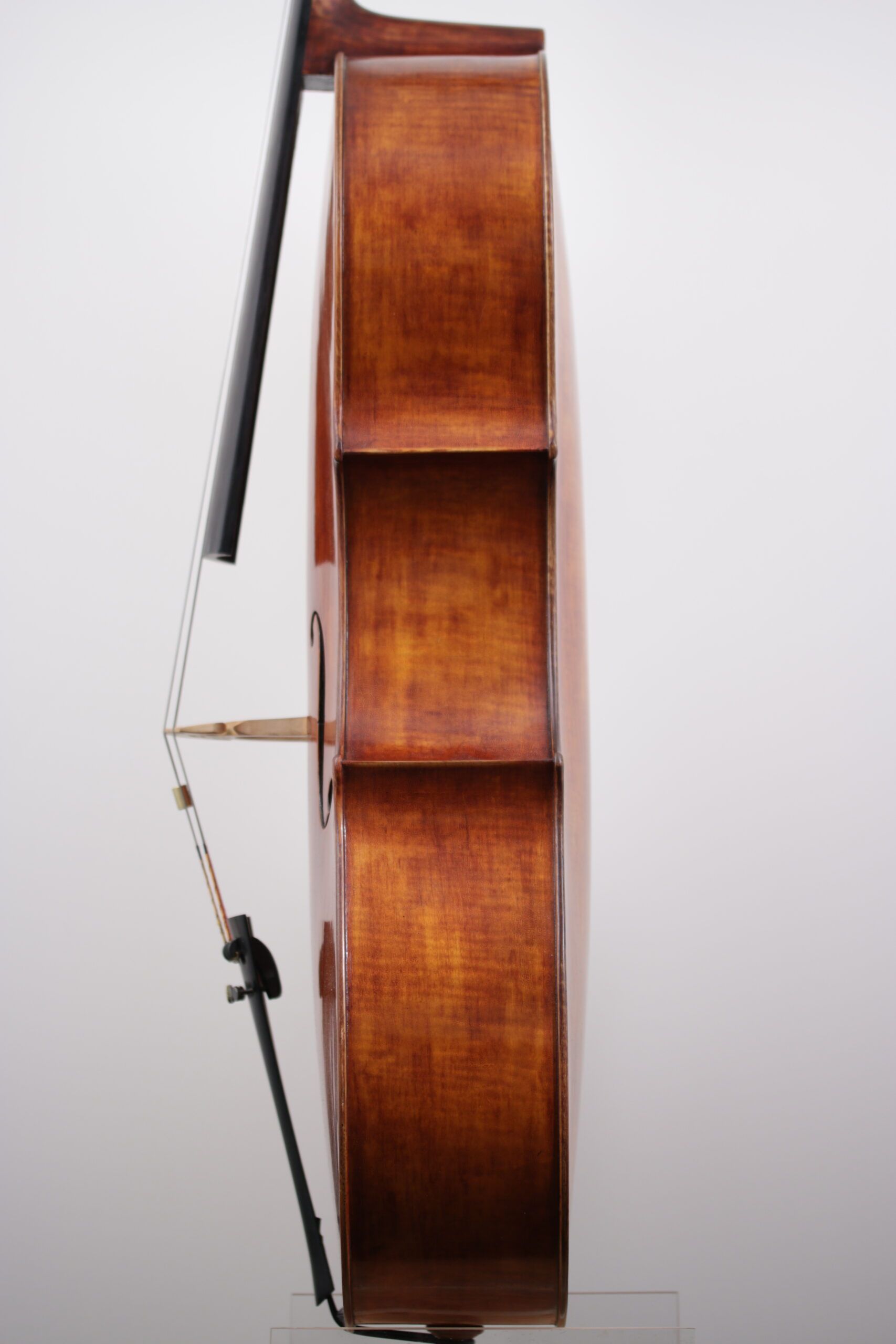 A close up of a cello with a bow on a white background