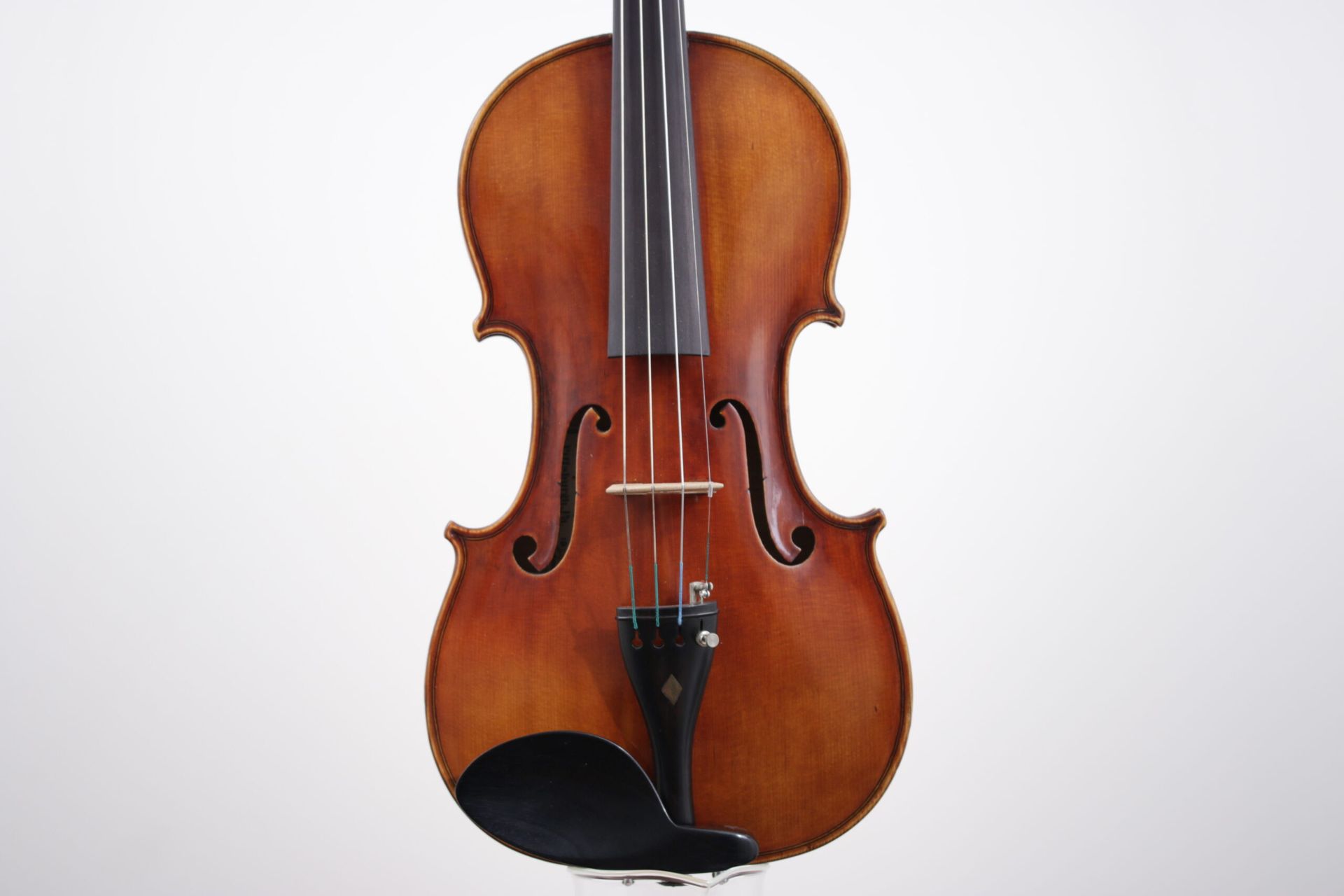 A close up of a violin on a white background