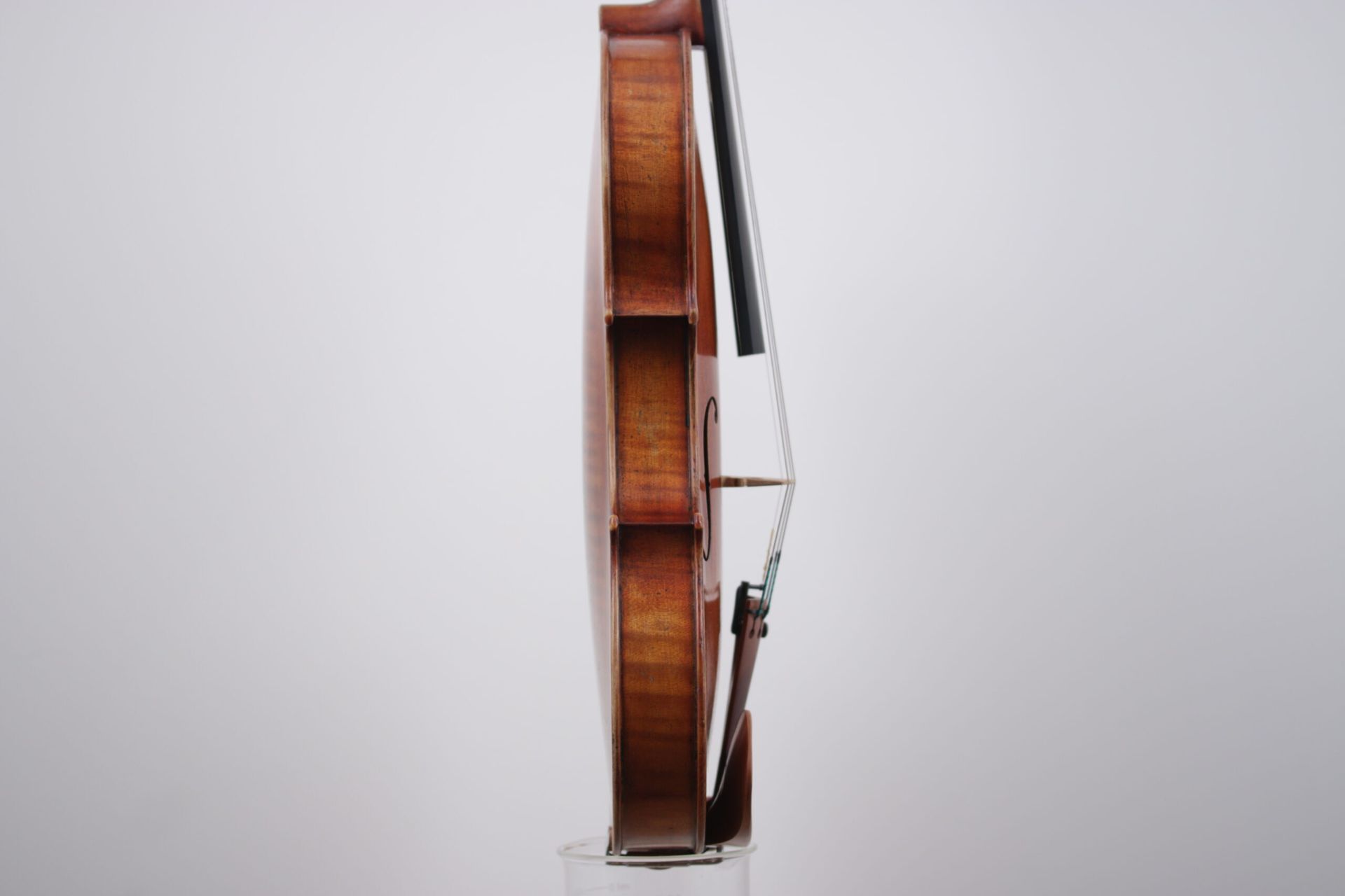 A violin is sitting on a glass on a white background.